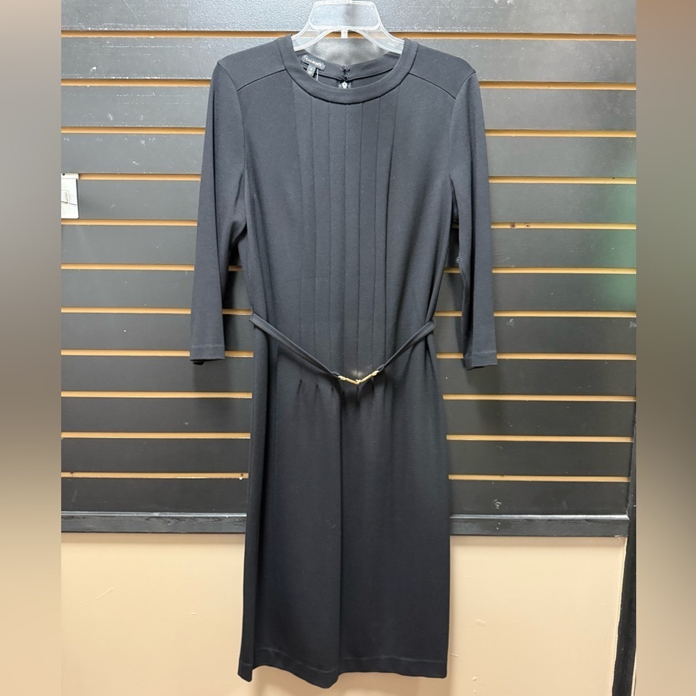 Talbots Black Knit Midi Dress Size 8 Ponte Pleated Front 3/4 Sleeve Belted